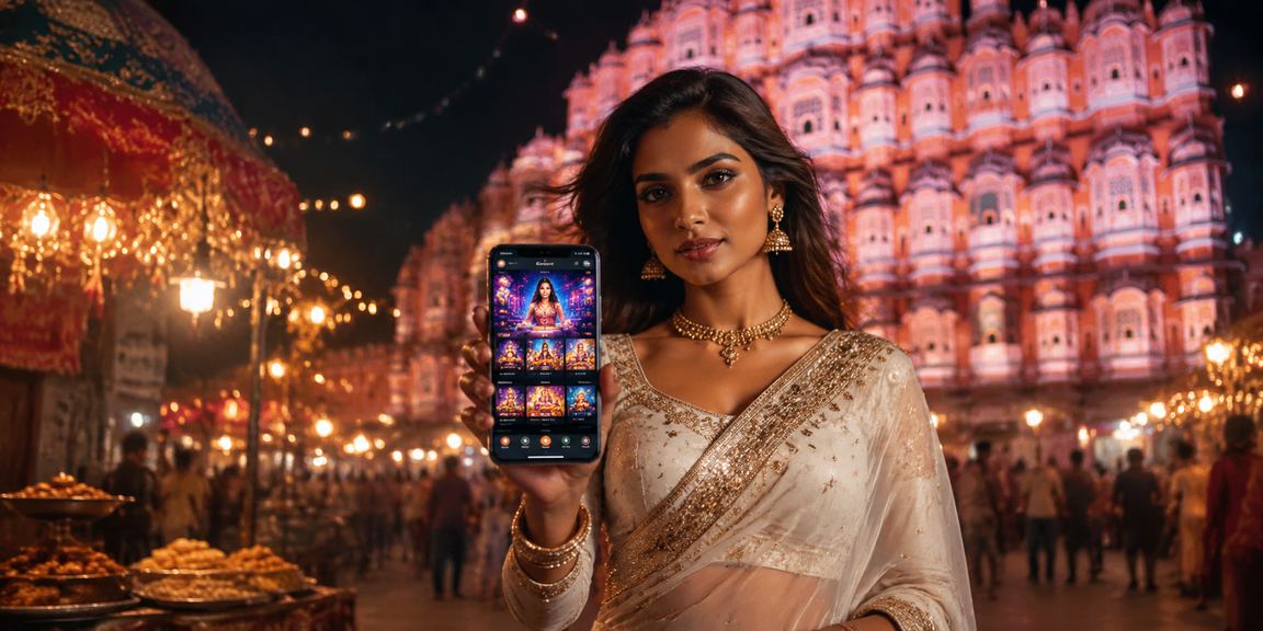 Mobile live casino gaming in traditional saree in Jaipur with Hawa Mahal backdrop