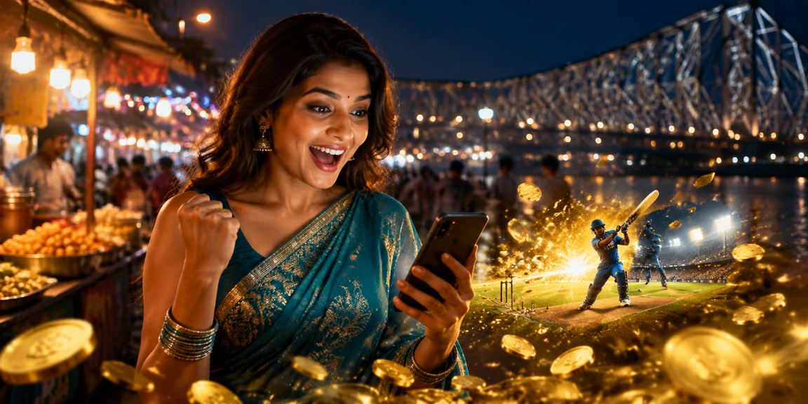 Young woman in saree enjoying cricket betting promotions in Kolkata